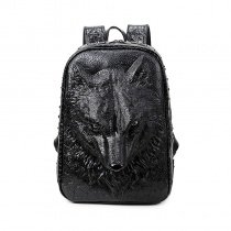 Vintage Black Patent Leather Embossed Wolf Head Travel 14 Inch Laptop Backpack Punk Rock and Roll Rivet Studded School Book Campus Bag