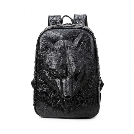 Vintage Black Patent Leather Embossed Wolf Head Travel 14 Inch Laptop Backpack Punk Rock and Roll Rivet Studded School Book Campus Bag