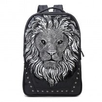 Personalized Black Leather Engraved  Silver Lion King Men Large Travel Backpack Punk Rock and Roll Rivet Studded School Campus Book Bag