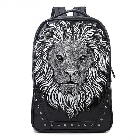 Personalized Black Leather Engraved  Silver Lion King Men Large Travel Backpack Punk Rock and Roll Rivet Studded School Campus Book Bag