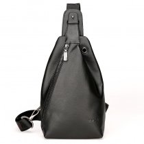 Black Genuine Cowhide Leather Masculine Men Crossbody Shoulder Chest Bag Vintage Sewing Pattern Casual Travel Hiking Sling Backpack