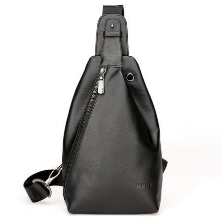 Black Genuine Cowhide Leather Masculine Men Crossbody Shoulder Chest Bag Vintage Sewing Pattern Casual Travel Hiking Sling Backpack