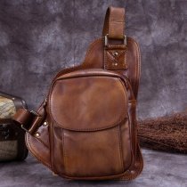 Burnt Brown Distressed Waxed Genuine Cowhide Leather Men Crossbody Shoulder Chest Bag Vintage Casual Travel Hiking Flap Sling Backpack