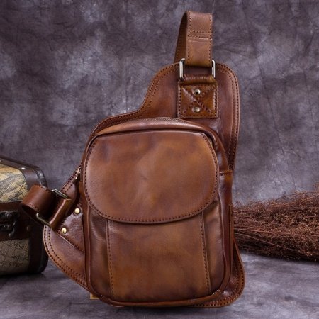 Burnt Brown Distressed Waxed Genuine Cowhide Leather Men Crossbody Shoulder Chest Bag Vintage Casual Travel Hiking Flap Sling Backpack