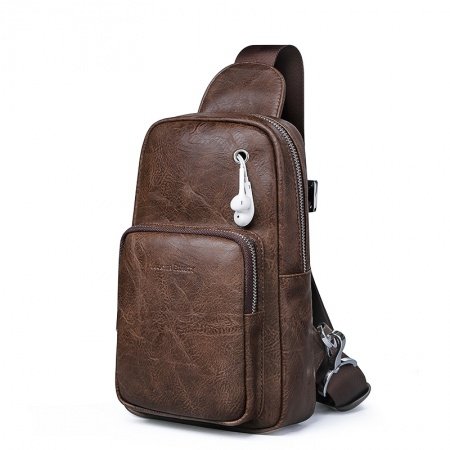 Solid Chocolate Brown Men Small Crossbody Shoulder Chest Bag Vintage Distressed Waxed Genuine Cowhide Leather Sling Travel Backpack