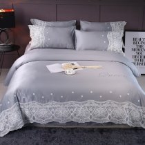 Silver Gray and White Vintage Lace Applique Flower Monogrammed Romantic Feminine Sophisticated Elegant Full, Queen Size Bedding Sets