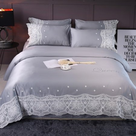 Silver Gray and White Vintage Lace Applique Flower Monogrammed Romantic Feminine Sophisticated Elegant Full, Queen Size Bedding Sets