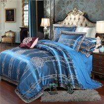 Classic Sapphire Blue and Gold Tribal Pattern Exotic Western Style Unusual Jacquard Satin Full, Queen Size Bedding Sets