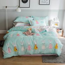 Hipster Light Blue Pink Yellow and White Cute Bunny Print Cartoon Animal Themed Modern Chic Twin, Full, Queen Size Bedding Sets