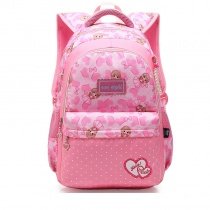 Coral and Blush Pink Polyester Elegant Girls Pupil School Book Bag Polka Dot Bow Heart Print Preppy Campus Backpack