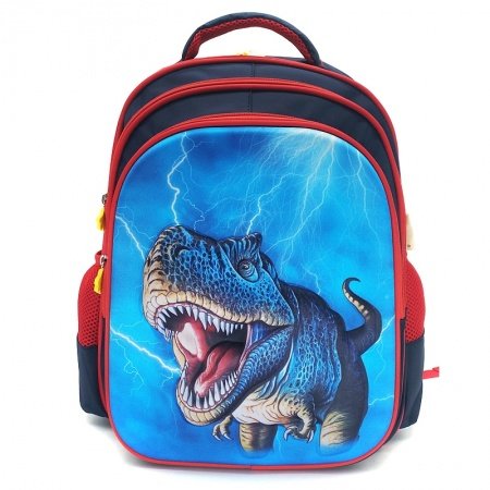 Aqua Blue and Red Oxford Boys Pupil Preppy Book Bag Animal Dinosaur Tyrannosaurus Rex Print Kids School Campus Backpack
