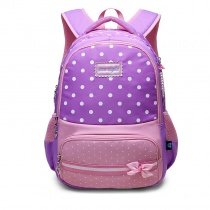 Purple White and Pink Polyester Bow Girls Pupil School Book Bag Elegant Girly Polka Dot Print Preppy Campus Backpack