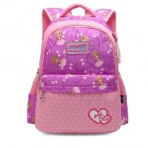 Lavender Purple and Coral Pink Polyester Girls Pupil School Book Bag Polka Dot Bow Heart Print Preppy Campus Backpack