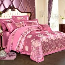 Elegant Girls Rose Red and Gold Beautiful Peony Flower Print Indian Pattern Sequin Jacquard Satin Full, Queen Size Bedding Sets