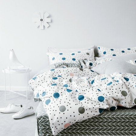 Black White Gray and Blue Large and Small Polka Dots Print Twin, Full Size Teen Girls Cotton Bedding Sets
