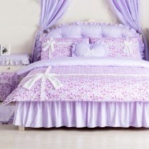 Elegant Purple White and Yellow Star and Polka Dot Print Romantic Shabby Chic Bow Drop Ruffle Girls Full, Queen Size Bedding Sets