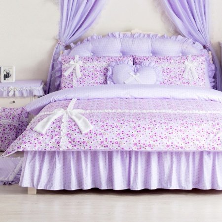 Elegant Purple White and Yellow Star and Polka Dot Print Romantic Shabby Chic Bow Drop Ruffle Girls Full, Queen Size Bedding Sets