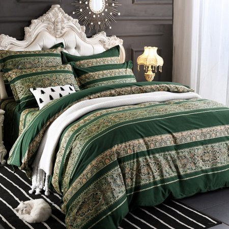Dark Green White and Gold Indian Tribal and Stripe Print Bohemian Baroque Style Full, Queen Size Bedding Sets