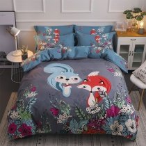 Charcoal Gray Green White Blue and Orange Fox and Flower Print Woodland Animal Themed Kid Boys Girls Full, Queen Size Bedding Sets