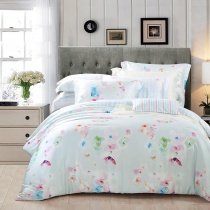 Pastel Mint Green Beige and Pink Abstract Watercolor Flower Print Elegant Girls Full, Queen Size Bedding Sets