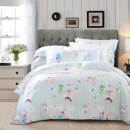 Pastel Mint Green Beige and Pink Abstract Watercolor Flower Print Elegant Girls Full, Queen Size Bedding Sets