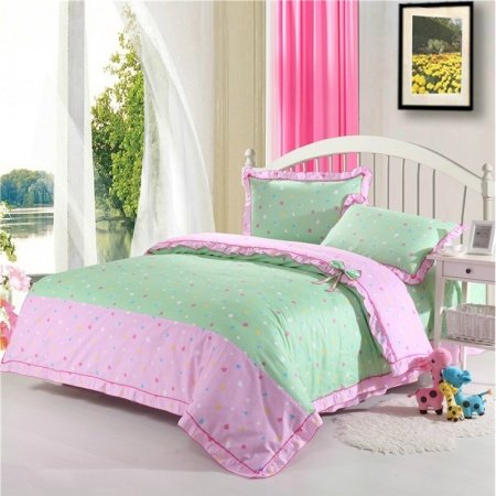 Bright Green and Pink Small Rainbow Polka Dot Print Ruched Ruffle Romantic Shabby Chic Elegant Girls Twin, Full, Queen Size Bedding Sets