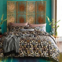Whimsical Black Beige and Gold Ethnic and Vector Flower Print Tropical Hawaiian Vintage Shabby Chic Full, Queen Size Bedding Sets