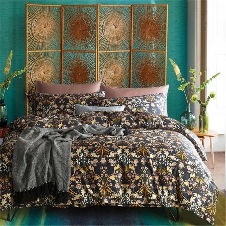 Whimsical Black Beige and Gold Ethnic and Vector Flower Print Tropical Hawaiian Vintage Shabby Chic Full, Queen Size Bedding Sets