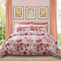 Beautiful Red Pink White and Green Garden Floral Print Bright Colorful French Country Feminine Full, Queen Size Bedding Sets