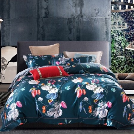 Dark Teal and White Elegant Floral Full, Queen Size Bedding Sets
