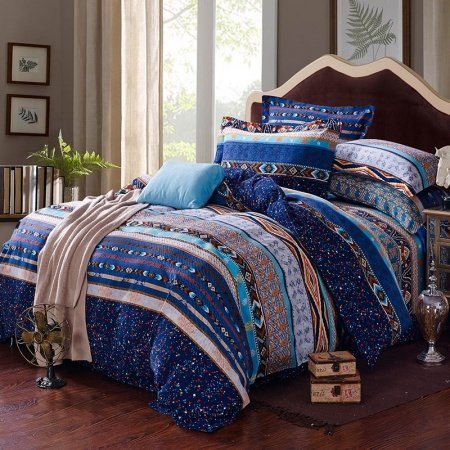 Egyptian Blue, White and Yellow Stripe and Bohemian Tribal Print Full Size Unique Adults Bedding Sets