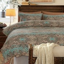 Turquoise Brown and Khaki Classic Baroque Style Shabby Chic Paisley Print Southwestern Style 100% Egyptian Cotton Full, Queen Size Bedding Sets