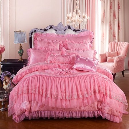 Girls Hot Pink Romantic Sweetheart Victorian Rose Sequin Pattern Ruffle and Lace Design Princess Themed Full, Queen Size Bedding Sets
