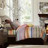Blue Red and Brown Colorful Retro Tribal Pattern Pinstripe Print Byzantine Themed Indian 100% Cotton Damask Full, Queen Size Bedding Sets