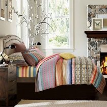 Blue Red and Brown Colorful Retro Tribal Pattern Pinstripe Print Byzantine Themed Indian 100% Cotton Damask Full, Queen Size Bedding Sets