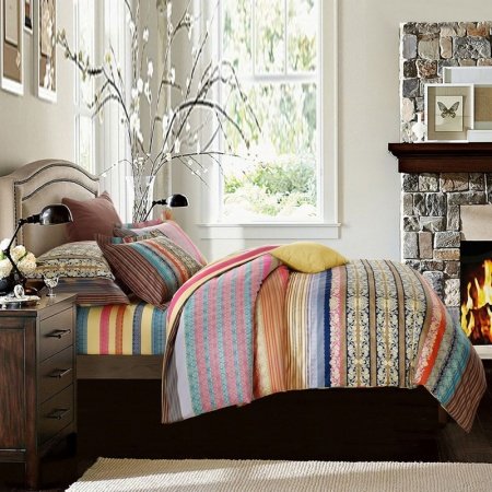 Blue Red and Brown Colorful Retro Tribal Pattern Pinstripe Print Byzantine Themed Indian 100% Cotton Damask Full, Queen Size Bedding Sets