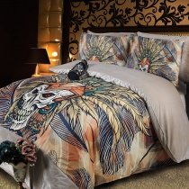Yellow Orange and Navy Skull Print and Feather Hipster Style Abstract Design Personalized Flannel Full, Queen Size Bedding Sets