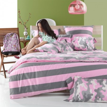 Gray Pink and White Camouflage Pattern with Wide Ticking Stripe Full, Queen Size Girls Bedroom 100% Cotton Bedding Sets