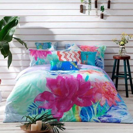 Magenta Turquoise and Blue Watercolor Flower Print Tropical Country Chic Natural Luxury 100% Cotton Damask Full, Queen Size Bedding Sets