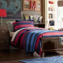 Raspberry Red and Deep Blue Modern Boys Rugby Stripe Print Traditional Simply Chic 100% Cotton Damask Full, Queen Size Bedding Sets