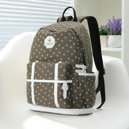 Coffee Brown Canvas with White Leather Cute Girls School Backpack Anchor Printed Sewing Pattern Elegant Vogue Women Travel Bag