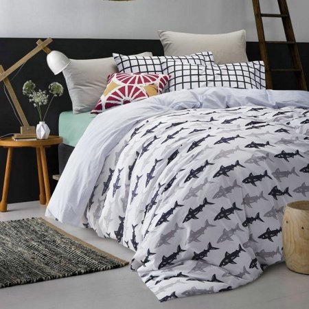 Deep Blue Grey and White Marine Style Shark Print Modern Chic Personalized 100% Cotton Damask Boys Twin, Full Size Bedding Sets