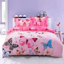 Hot Pink Blue and Black Butterfly Bedroom Ideas for Girls Pastel Style 100% Brushed Cotton Full, Queen Size Bedding Sets