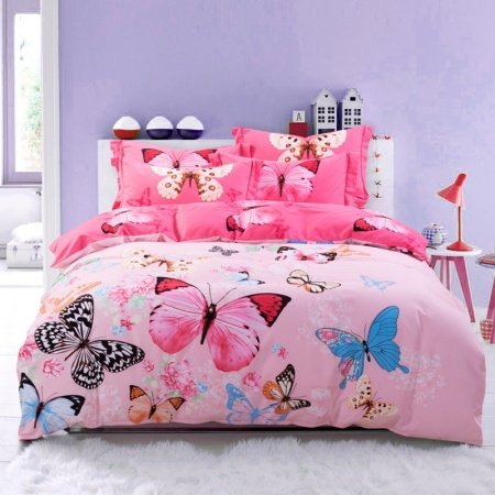 Hot Pink Blue and Black Butterfly Bedroom Ideas for Girls Pastel Style 100% Brushed Cotton Full, Queen Size Bedding Sets