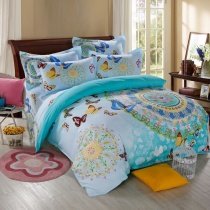 Turquoise Orange and Blue Kids Butterfly Print Bohemian Style Circle Print Indian Pattern 100% Cotton Twin, Full Size Bedding Sets