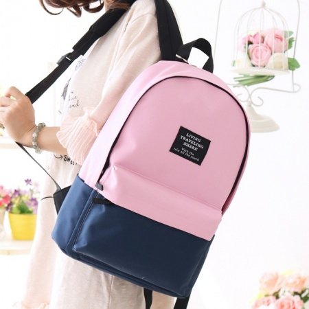 Boutique Dark Blue Pink Canvas Junior Preppy School Book Bag Simply Chic Color Blocking Casual Travel Hiking 14 Inch Laptop Backpack