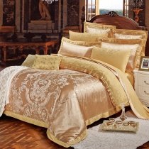 Luxury Gold Sparkle Rococo Pattern Abstract Design Royalty European Style Jacquard Satin Full, Queen Size Bedding Sets