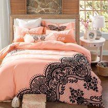 Salmon and Black Butterfly Print Lace Pattern Abstract Design Stylish Elegant Girls Full, Queen Size Bedding Sets