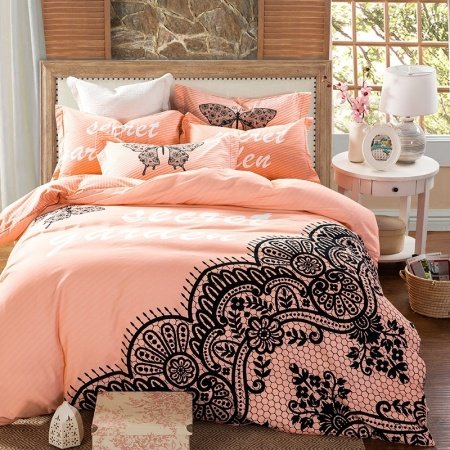 Salmon and Black Butterfly Print Lace Pattern Abstract Design Stylish Elegant Girls Full, Queen Size Bedding Sets