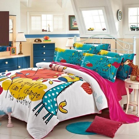 Teal Blue Yellow and White Little Giraffe Print Wild Animal Themed Full Size Kids Bedroom Bedding Sets